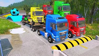 Double Flatbed Trailer Truck vs Speedbumps Train vs Cars  Tractor vs Train BeamngDrive 050 [upl. by Luaped952]