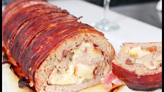 Rollo de carne picada relleno  asado al horno envuelto en beicon Navidad [upl. by Nylauqcaj]