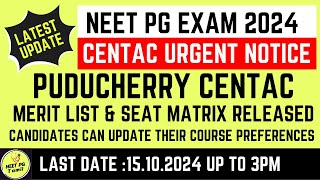 PUDUCHERRY CENTAC NEET PG 2024 Merit List amp Seat Matrix Released centac2024 neetpgtamil mcc2024 [upl. by Noitsuj]