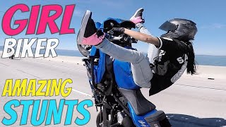 Beautiful GIRL Biker BIKE STUNTS Wheelie  Drift Harley Sportster Kawasaki Ninja STUNT RIDING Videos [upl. by Noyrb]