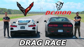 2020 C8 Corvette vs Dodge Demon  DRAG amp ROLL RACE [upl. by Phipps257]