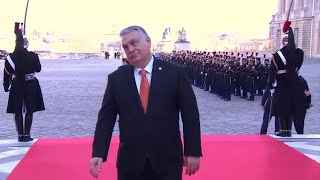 This is how Hungarys Viktor Orbán greeted journalists in Versailles [upl. by Weiser673]