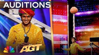 Praveen Prajapat DEFIES GRAVITY By Balancing Objects On His Head  Auditions  AGT 2024 [upl. by Ainak770]