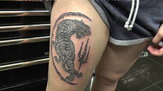 Thai Tattoo Sak Yant Tiger Suea Hiaw Hand Poke Bamboo Style [upl. by Iv]