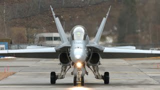 4K 4 McDonnell Douglas FA18C amp D Hornet Swiss Air Force departure at Meiringen Air Base LSMM [upl. by Dnarb]