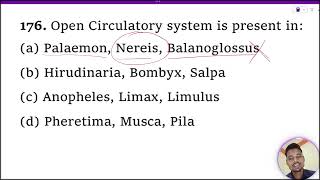 Open Circulatory system is present in 1 Palaemon Nereis Balanoglossus 2 Hirudinaria Bombyx [upl. by Nonohcle728]