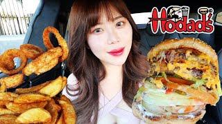 GIANT BURGER MUKBANG 먹방 HODADS SAN DIEGO Double Bacon Cheeseburger Onion Rings Potato Wedges [upl. by Occor]