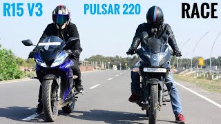 Yamaha R15 V3 VS Pulsar 220F BS4  RACE  Top End  Highway Battle [upl. by Donelson467]