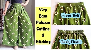 Very Easy Palazzo Cutting And Stitching  Front Belt Back Elastic Palazzo  English Subtitles [upl. by Merci]