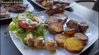 Argentinisches Steak mit Zwiebeln und Champignons Leckere Kartoffel 🥔 [upl. by Akimahc]