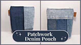 Patchwork Denim Pouch DIY  Recycled Old Jeans  Sewing Tutorial [upl. by Schaeffer418]