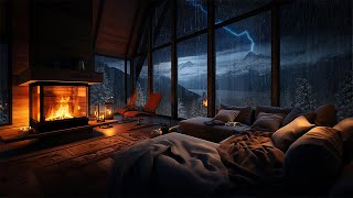 Thunderstorm with Lightnings  Rain Crackling Fireplace in a Cozy Cabin for Sleeping [upl. by Eladnyl]