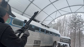 Dangerous snow removal off the container shelter roof [upl. by Holbrooke]