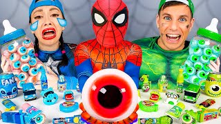 Blue Food VS Green Food Challenge 그린 블루 푸드 챌린지 ASMR MUKBANG for Superheroes by HUBABANG [upl. by Aridan]