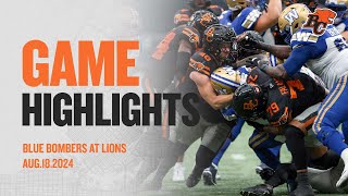 CFL WEEK 11 FULL GAME HIGHLIGHTS  WINNIPEG BLUE BOMBERS AT BC LIONS  AUGUST 1824 [upl. by Nylesoj]