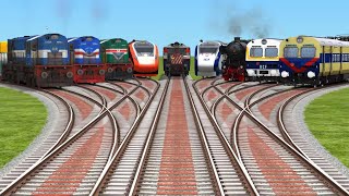 9Trains Crossing At Diamond🟢 Railroad Tracks  train game  train cartoon video  railways [upl. by Nyluqcaj432]