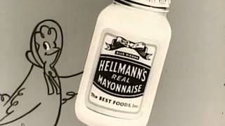 VINTAGE 50s ANIMATED HELLMANNS MAYONNAISE TV AD  ANIMATED CHICKEN CROWING ABOUT HER CONTRIBUTION [upl. by Mixam]