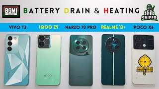 BGMI Battery Drain amp Heating Test  VIVO T3 vs iQOO Z9 vs Narzo 70 Pro vs Realme 12 vs POCO X6🏆 [upl. by Aivataj]