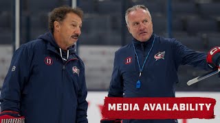 HC Dean Evason Kuraly Gudrbranson and Monahan on Guy Gaudreaus Practice Visit 💙❤️  Media Avail [upl. by Nazar]