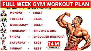 Full Week Gym Workout Plan  Week Schedule For Gym Workout  Buddy Fitness [upl. by Alyworth]