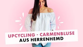 Upcycling Carmenbluse nähen aus altem Herrenhemd MiniDIY [upl. by Ilah395]