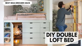 DIY Double Loft Bed with Hidden Hideout  Ikea Dresser Hack [upl. by Banquer]