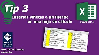 Tip 3 Insertar viñetas a un listado en una hoja de cálculo  Excel 2016 [upl. by Weber420]