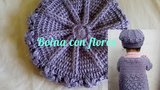 Hermosa Boina Con Flores A Crochet  Tutorial  Conjunto Del Cardigan Niña [upl. by Arahk]