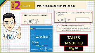 Potenciación de números reales PARTE 1 Texto de 9° Pág 52 [upl. by Leoine]