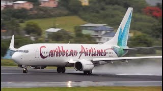 PLANE SPOTTING Caribbean Airlines B737 9YKIN WetRainy Takeoff from Antigua [upl. by Dnalrag]