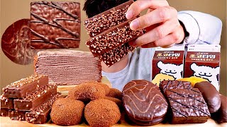 ASMR 초코크레이프에 싸먹는 디저트 누텔라초코바 초코떡 몽쉘 초코바나나 먹방 Chocolate Crepe With Choco Bar Choco Bread MuKBang [upl. by Rabaj]