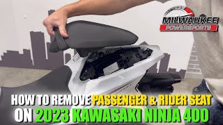 2023 KAWASAKI NINJA 400 HOW TO REMOVE PASSENGER amp RIDER SEAT [upl. by Eyahc607]