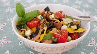 Ricetta Insalata di pasta con tonno mozzarella pomodori carciofi olive pinoli e basilico [upl. by Glynnis]