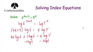 Solving Index Equations using Logs  Part 1  Corbettmaths [upl. by Canada]