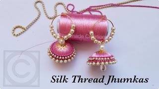 How To Make Silk Thread Jhumkas Hoop StyleBeautiful Pink jhumkas with Pearls [upl. by Ettenahs61]