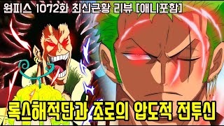 원피스 1072화 최신근황 리뷰록스해적단 멤버 충격적인 진실과 최강의 검사 조로의 압도적인 전투신 공개 [upl. by Fulviah]