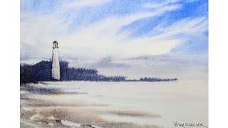 Quick and simple wet on wet watercolor clouds and a lighthouse Great for beginners Peter Sheeler [upl. by Mirabel]