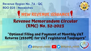 RMC No 52  2023 quotOptional Filing and Payment of 2550M For VAT Registered Taxpayersquot [upl. by Matthaus]