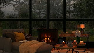 Cozy room ambience ASMR🌙 Rain on window sounds with crackling fire for sleep study relaxation [upl. by Gannon]