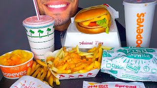 ASMR INNOUT VS POPEYES MUKBANG EATING CHALLENGE ANIMAL STYLE FRIES CHEESEBURGER MAC N CHEESE [upl. by Shulamith]