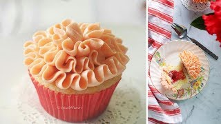 Eggless Strawberry Filled Cupcakes with Ruffle Flower Decoration [upl. by Aihsakal]