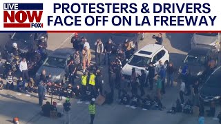 Ceasefire chaos Drivers confront protesters on LA freeway amid IsraelHamas war  LiveNOW from FOX [upl. by Asaeret678]