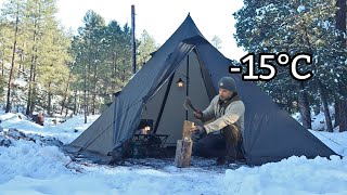 15°C Solo Hot Tent Camping In Snow Wood Stove  Cozy ASMR [upl. by Aliza]