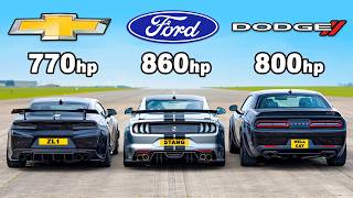 Ford Mustang v Chevy Camaro v Dodge Hellcat Redeye DRAG RACE [upl. by Werner]