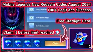 select servers only  Mobile Legends Redeem Codes August 15 2024  MLBB redeem code Starlight card [upl. by Cirad819]