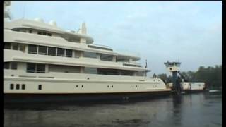 Superyacht leaving shipyard Roman Abramovich Ecstasea with tugboots prepare for seatrials [upl. by Linson452]