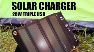 Floureon Solar Charger 28W 3 USB Ports Review [upl. by Ayiak]