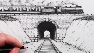 How to Draw using 1Point Perspective Train Track and Tunnel [upl. by Fessuoy]