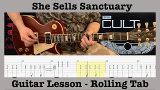 She Sells Sanctuary  The Cult  Guitar Lesson  Rolling Tab  Backing Track  No Chat [upl. by Fenn]