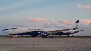 Air Peace b777300 Inaugural arrival and water salute in Antigua [upl. by Lynnworth]